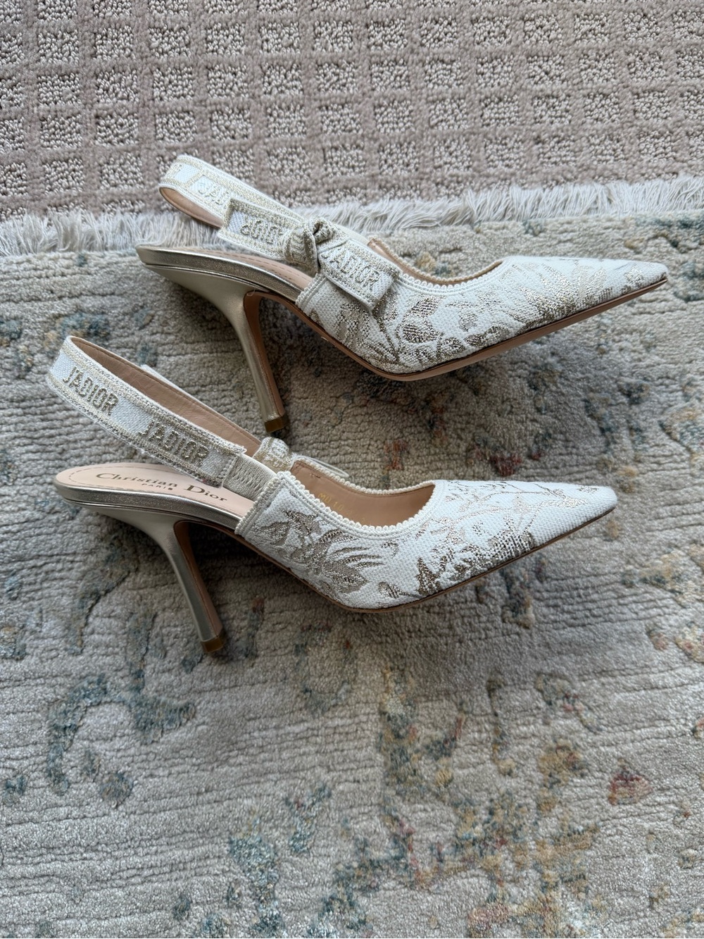 Dior Cream Embroidered Pointed Slingback Heels - Picture 2 of 7